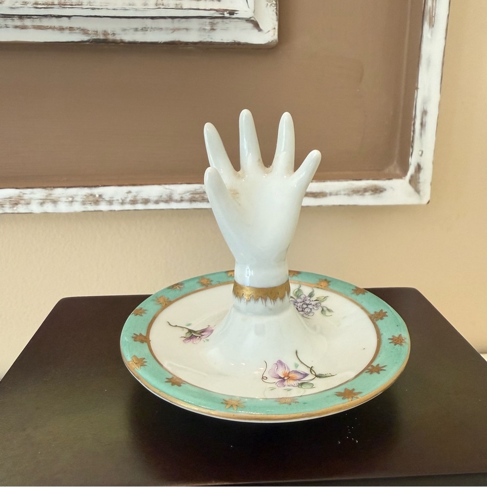 Vintage Paris Royal Porcelain Hand Ring Holder Dish Turquoise Floral Gold